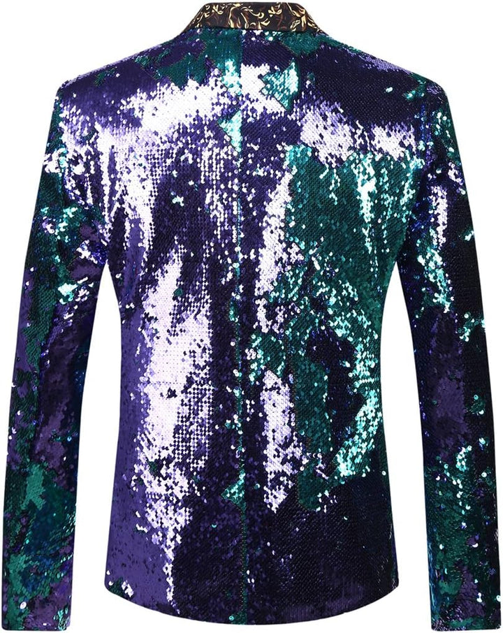 PYJTRL Herren-Blazer mit 2 Farben und glänzenden Pailletten XS Blau + Violett, XS Blau + Violett