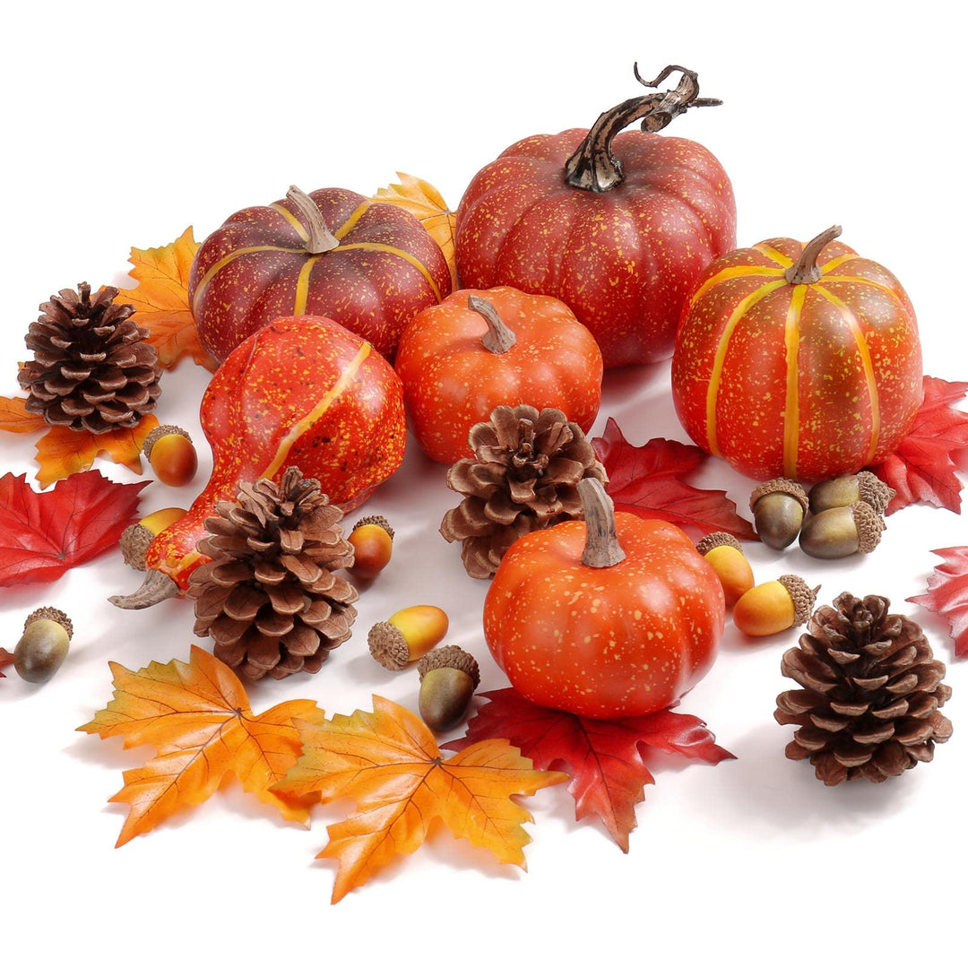 Briful Kunstpflanze Set Künstlicher Kürbis, Tannenzapfen, Künstliche Ahornblätter Herbstlaub, Gemisc