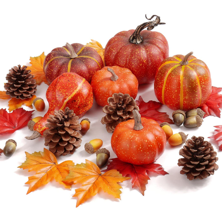 Briful Kunstpflanze Set Künstlicher Kürbis, Tannenzapfen, Künstliche Ahornblätter Herbstlaub, Gemisc