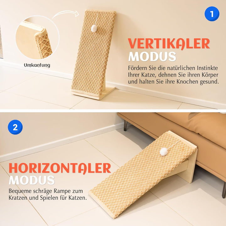 PETKARAY Kratzbrett Katze, 65 cm Kratzsäule aus natürlichem Sisal mit Rampe, stabiles L-förmiges Kat