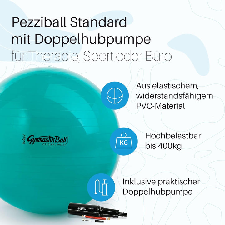 PEZZI Original Gymnastikball Standard Sitzball Set Ø 42 cm bis 75 cm inkl. Oliver Ballpumpe bis 400