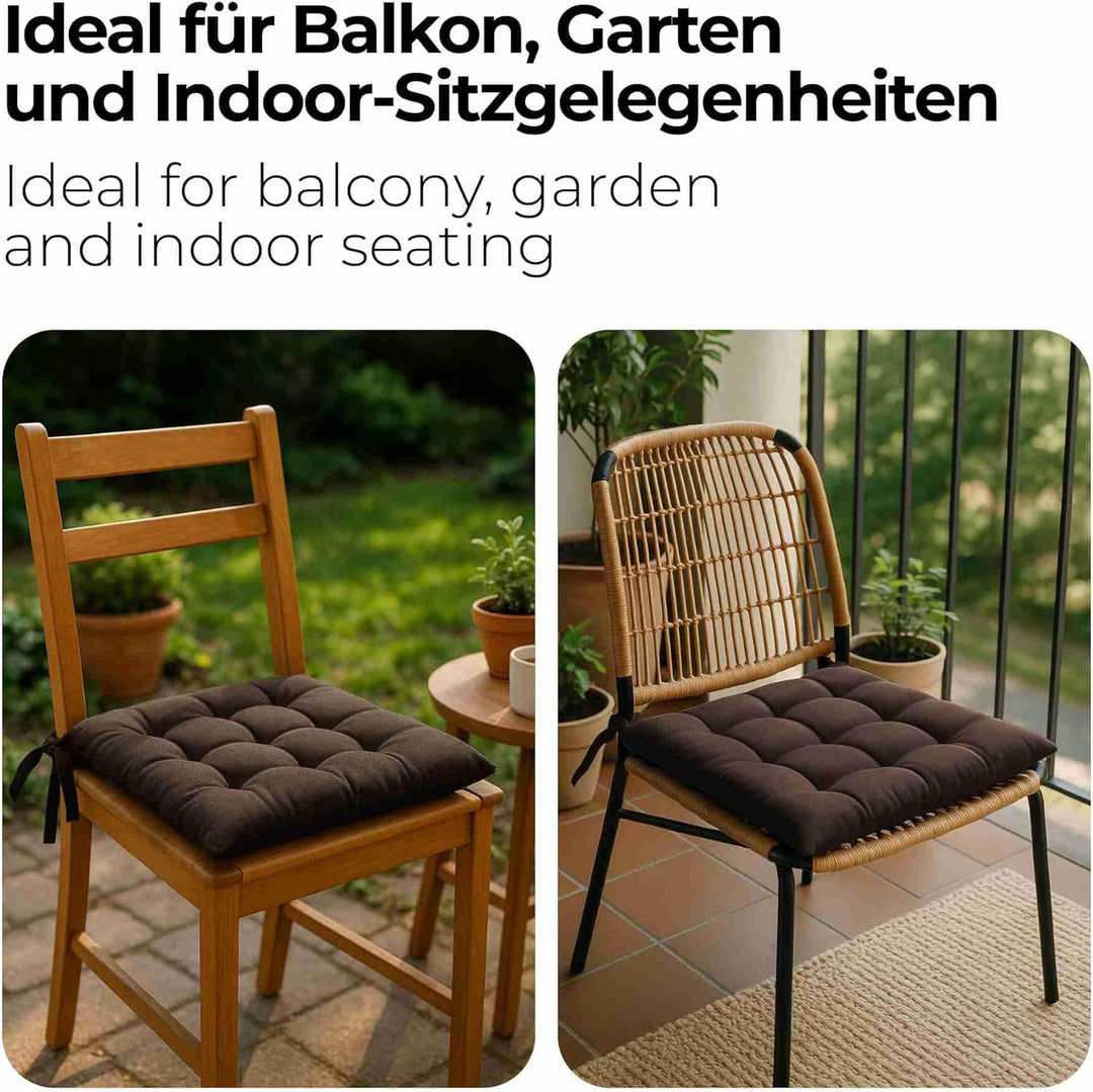 etérea 2er Set Sitzkissen Outdoor 40x40 mit Bändern - Stuhlkissen Braun für Gartenstuhl &amp; Innenberei