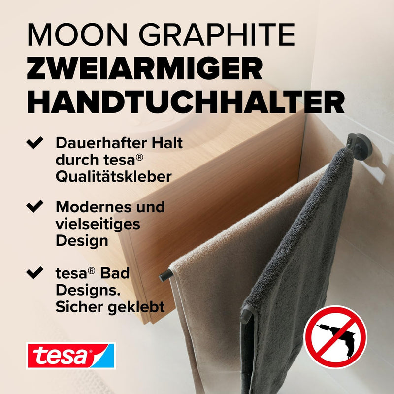 tesa Moon Graphite Handtuchhalter 2-armig in gebürstetem Grafit - Selbstklebende Handtuchstange aus