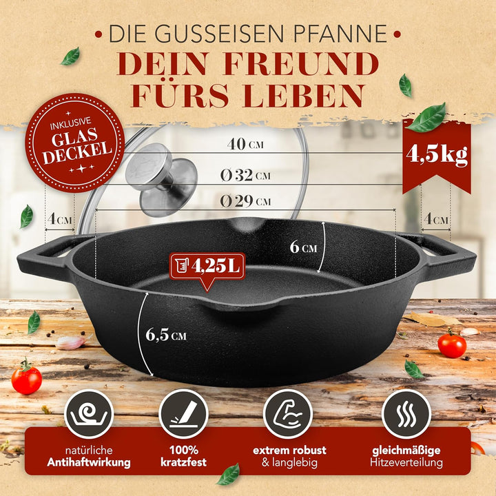 KRUSTENZAUBER 32cm Gusseisenpfanne Induktion - Voreingebrannte Gusseisen Pfanne - Ideale Grillpfanne