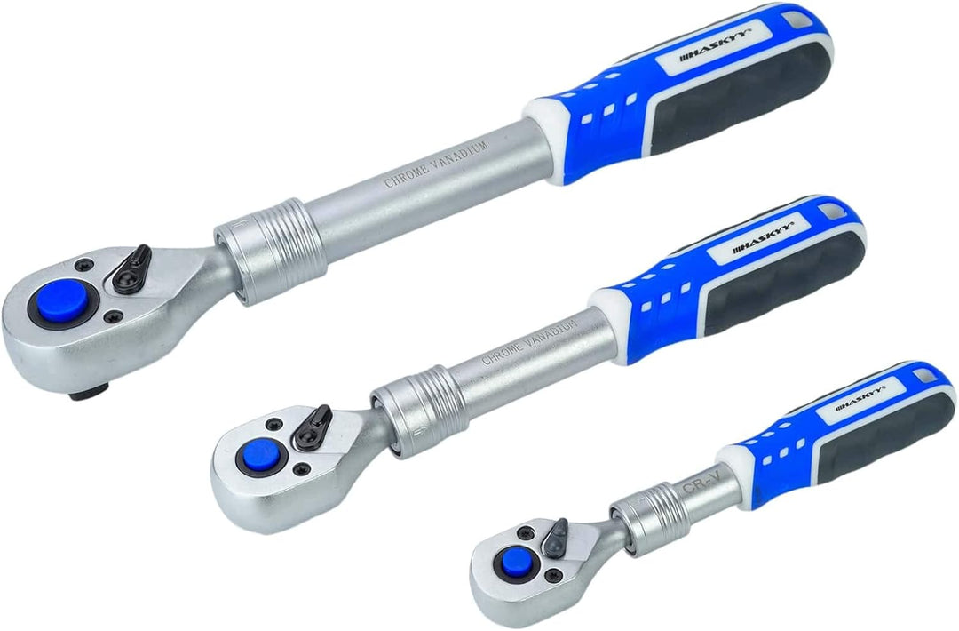 HASKYY | 1/2" + 3/8" + 1/4" | Teleskop-Ratsche-Knarre-Set I Umschaltknarre ausziehbar | feinverzahnt