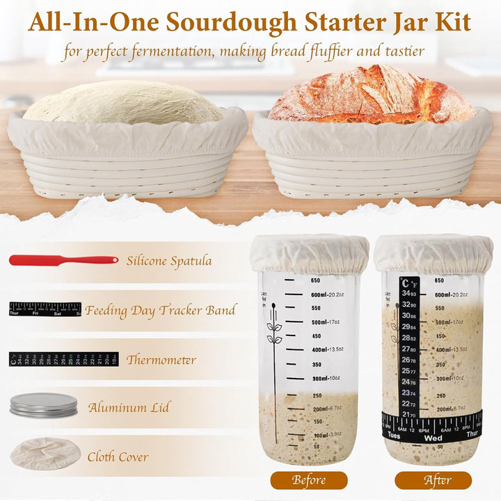 Sauerteig Starter Set, Gärkorb Brot Set, Komplettset Brot Backen Zubehör, Geschenk für Anfänger und