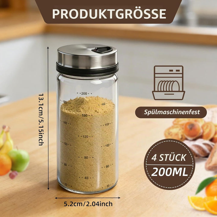 4 Stück 200ml Gewürzgläser mit Drehdeckel, Gewürzstreuer Glas, Gewürzdosen Gross mit 3 Arten von Gew