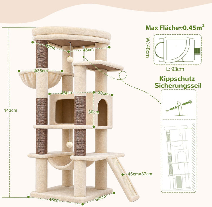 Globlazer Kratzbaum Stabil Beige mit Grosse Loungebereich für 2/3 Katzen S56 | Katzenbaum 143cm Plat