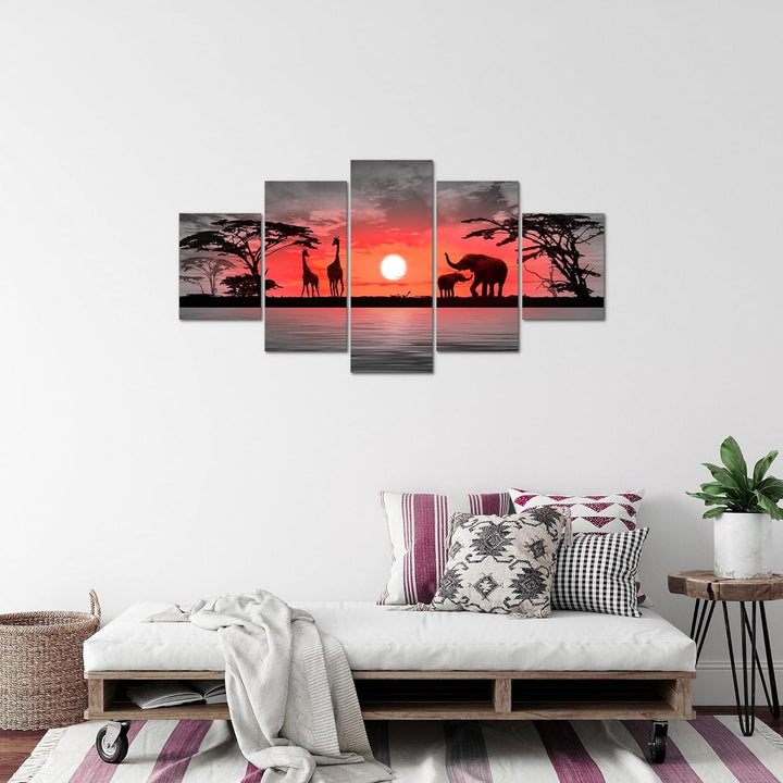 Runa Art Bild Wohnzimmer Schlafzimmer Afrika Sonnenuntergang 5 Teilig Giraffe Elefant Orange Wandbil