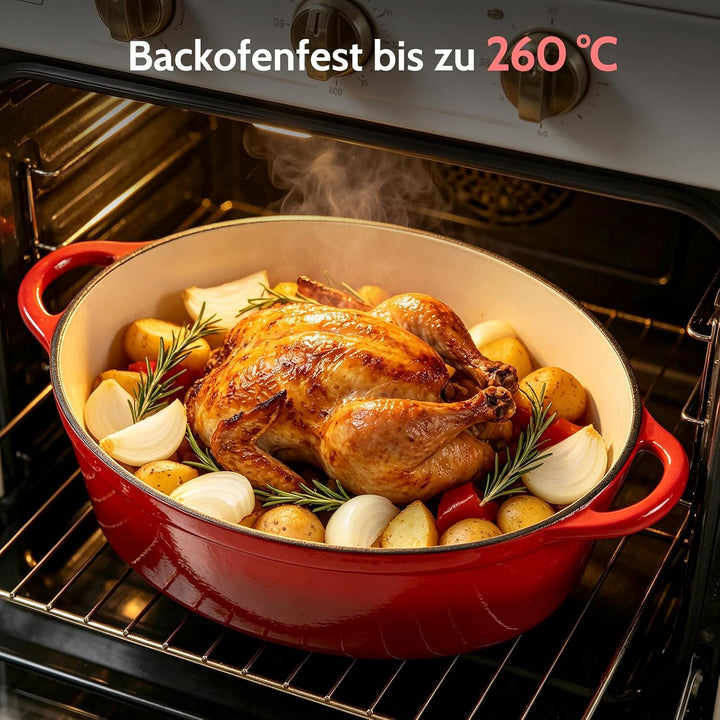 Gusseisen Bräter mit Deckel, Oval Gusseisen Topf 6.6L, Emaille Topf Gross Backofengeeignet, Schmorto