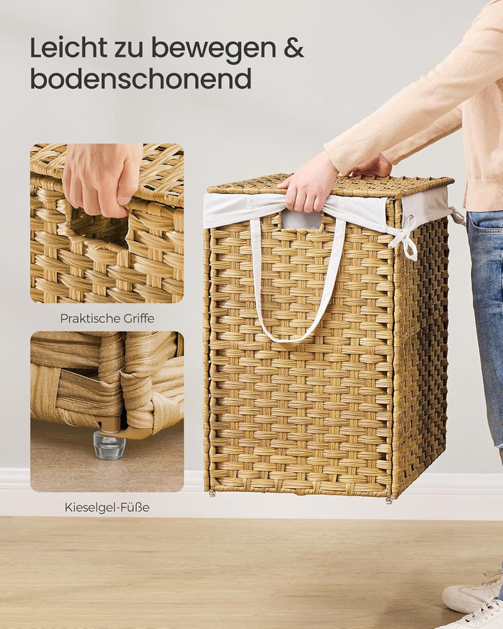 SONGMICS Wäschekorb 3 Fächern, Wäschesammler 200 L, Wäschebox aus synthetischem Rattan, mit Deckel u