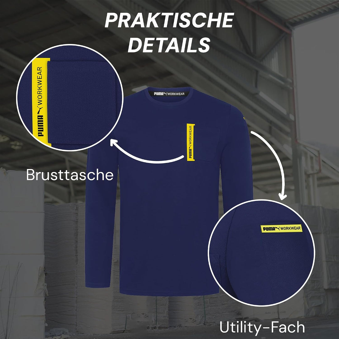 PUMA Workwear Advanced Kollektion - Longsleeve Herren Pullover - Brusttasche und Utility Fach an der