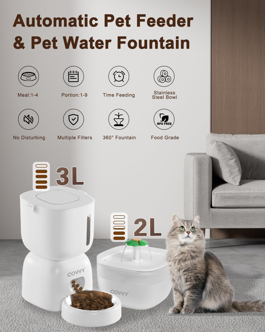 COVVY Pets Automatisches Futter- und Bewässerungs-Set, 3 l Futterspender und 2 l Wasserspender für k