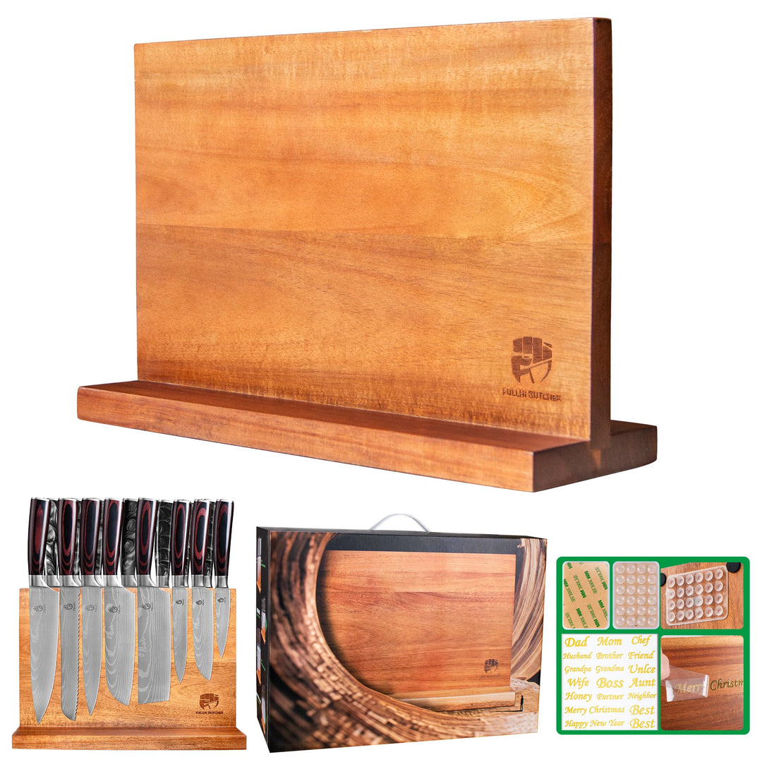 FULLHI Doppelseitige grosse magnetische Messerblock Akazienholz Messer Set Halter Stand mit Stronge