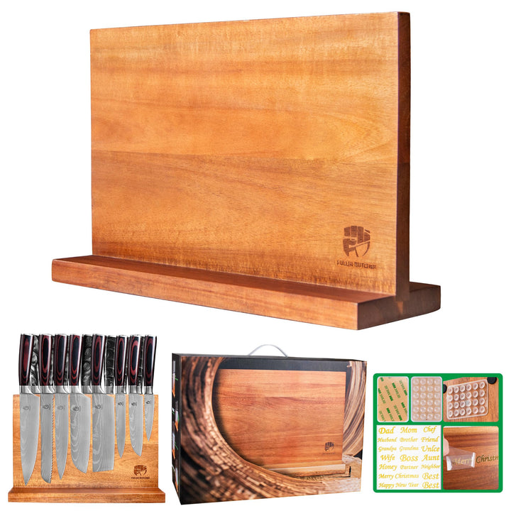 FULLHI Doppelseitige grosse magnetische Messerblock Akazienholz Messer Set Halter Stand mit Stronge