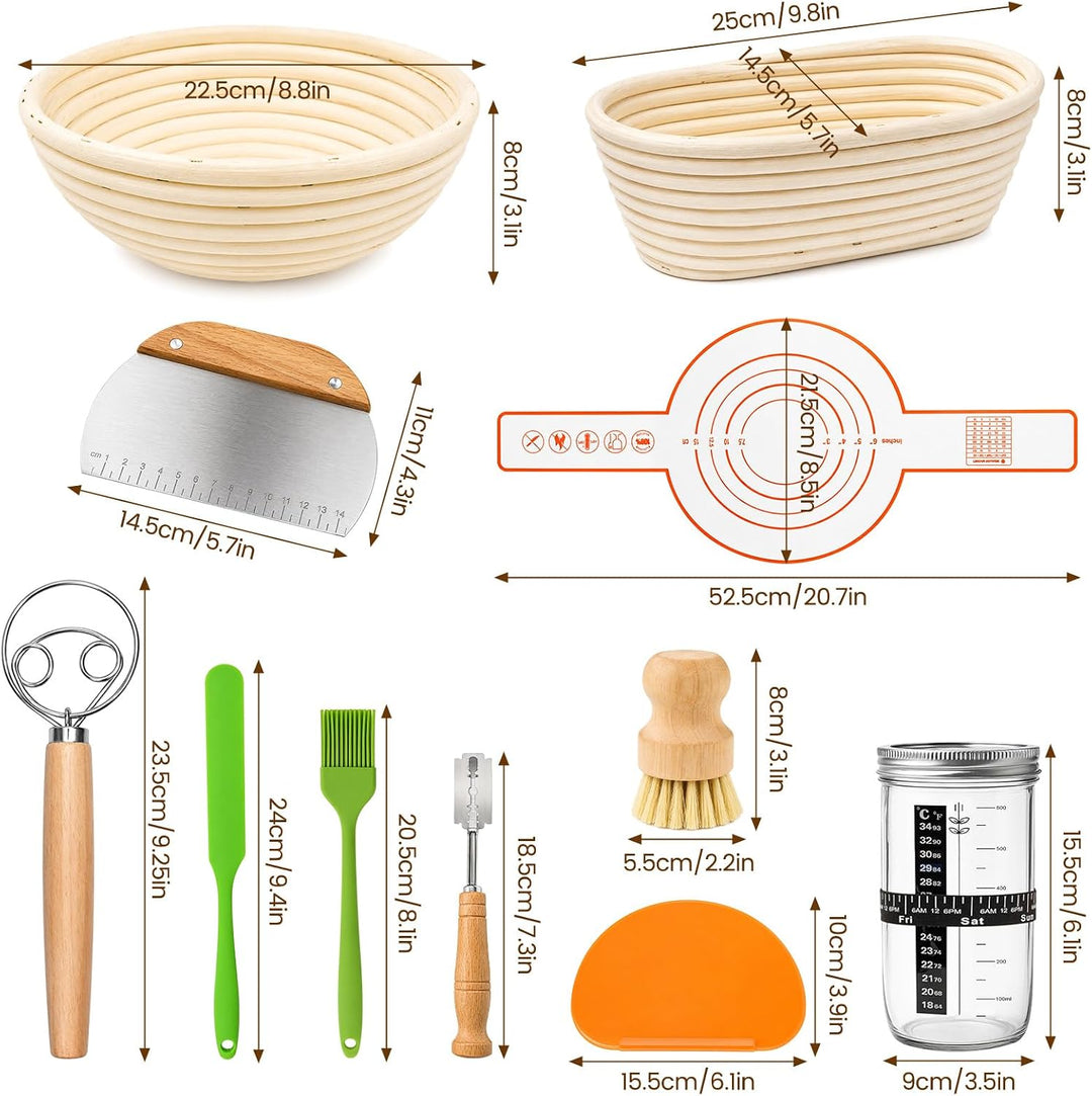 Sauerteig Starter Set, Gärkorb & Sauerteigglas, 21-teilig Gärkorb Brot Set | Brot Backen Zubehör für