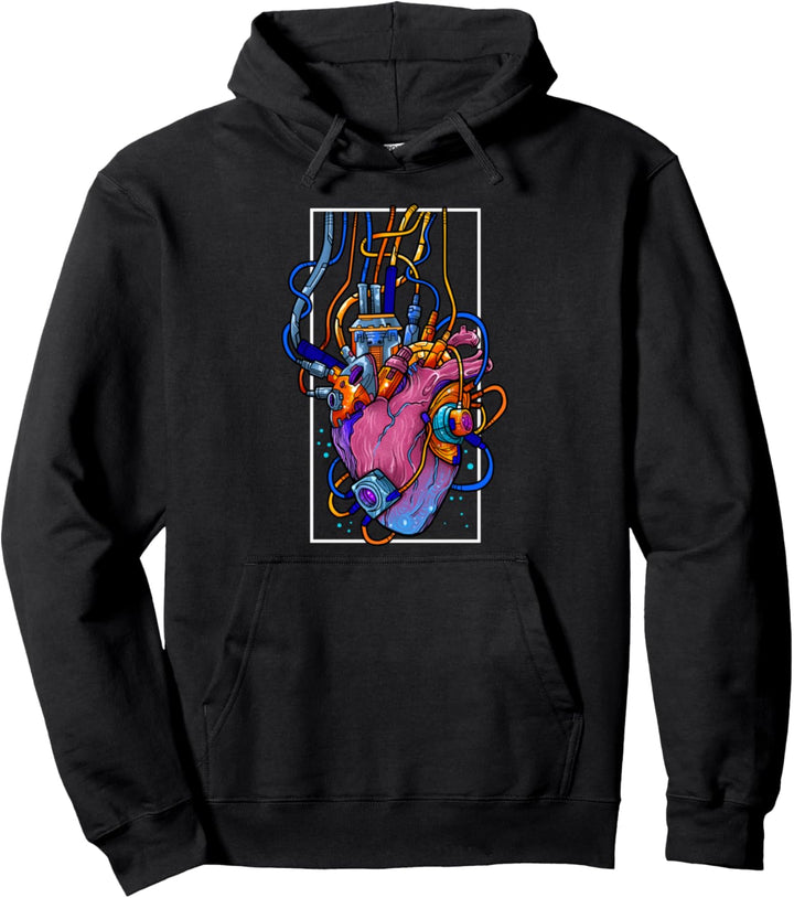 Cyborg Robot Heart Vaporwave Futuristic Cyberpunk Sci-Fi Pullover Hoodie