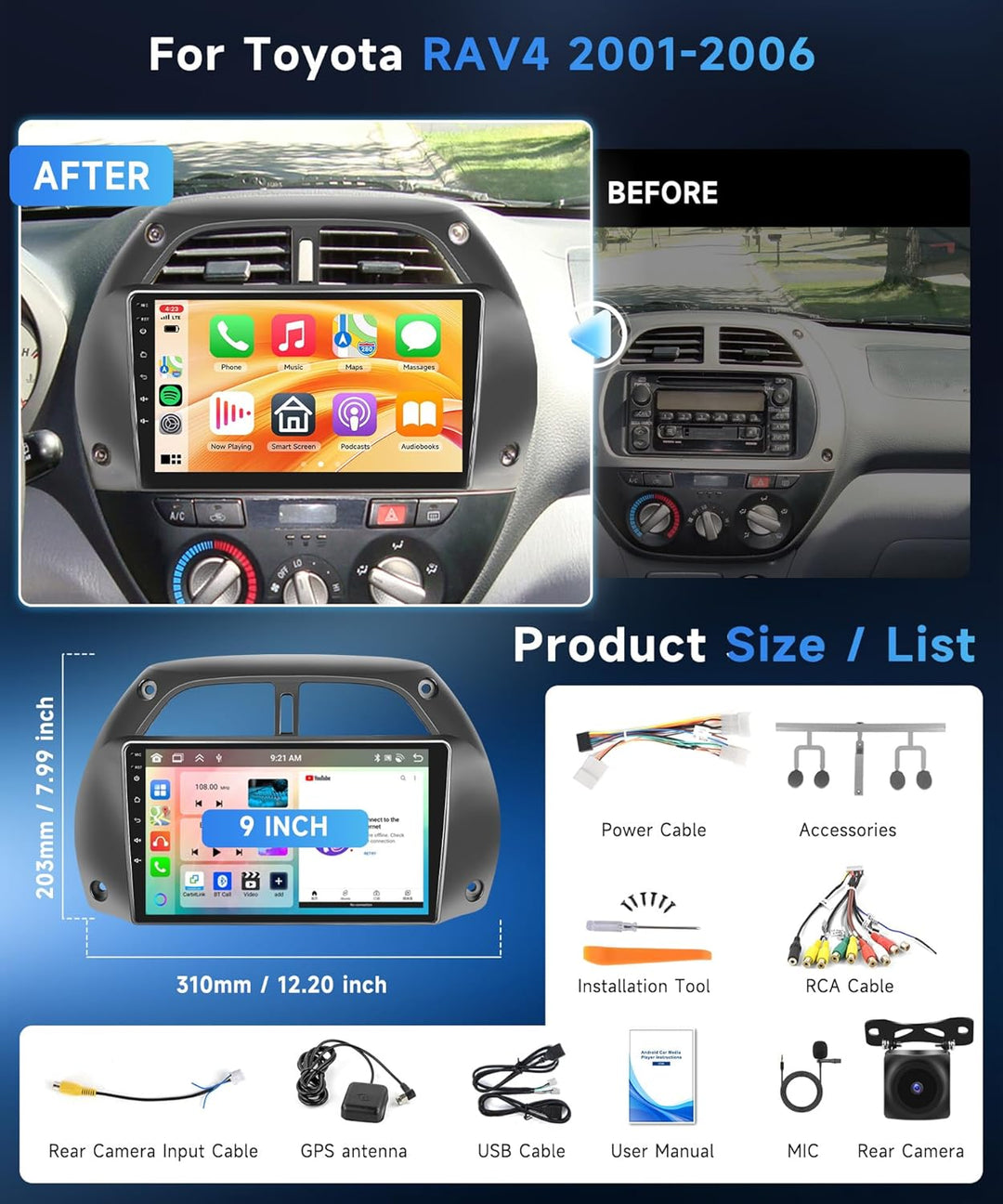 Rimoody 8 Kerne 6+128G Android Autoradio für Toyota RAV4 2001-2006 9 Zoll Touchscreen Radio Kabellos