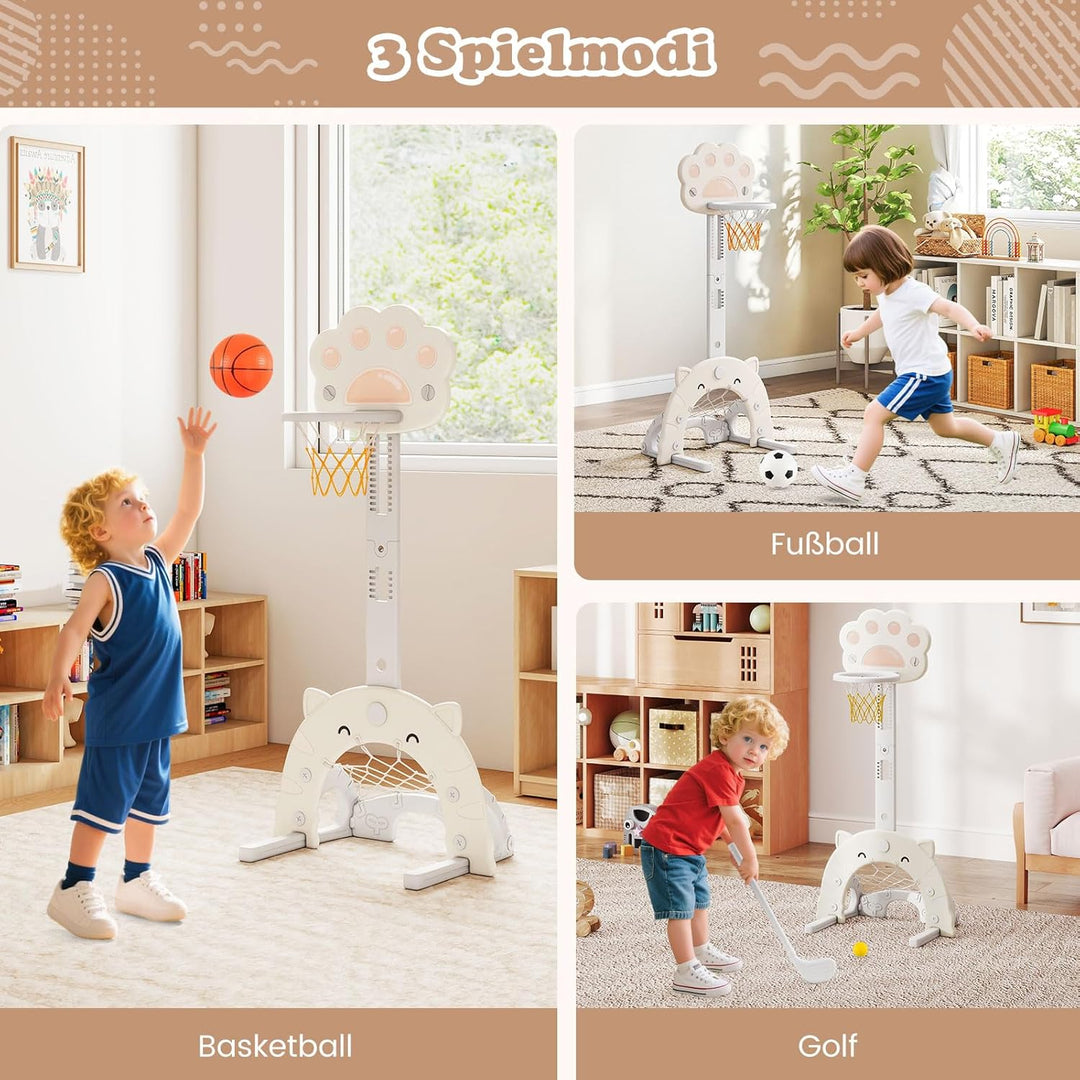 DREAMADE Basketballkorb Kinder, Basketballständer höhenverstellbar mit Fussballtor & Golfspiel, Mini