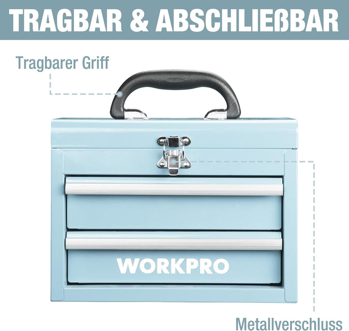 WORKPRO Metall Schubladenbox mit 2 Schubladen & Oberer Stauraum Hellblau, 27,5x15x20,8cm Tisch Organ