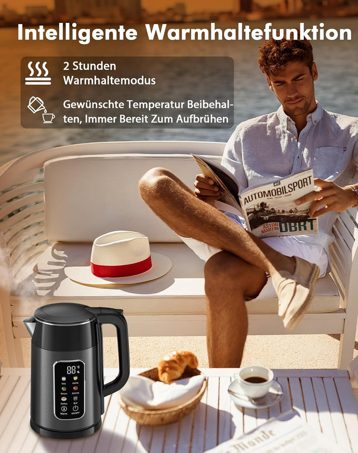 Wasserkocher mit Temperatureinstellung 1,7L 2200W Edelstahl Wasserkocher Schwarz mit 6 Temperaturstu