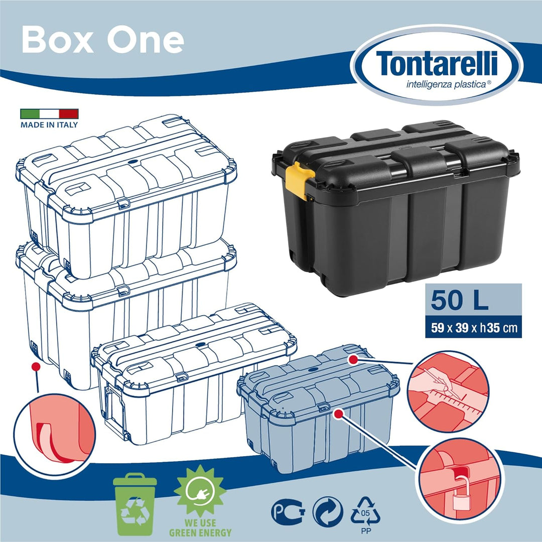 Tontarelli Aufbewahrungsbox mit Rollen 50L Lagerbox Regalbox Sammelbox mit Deckel Stapelbar