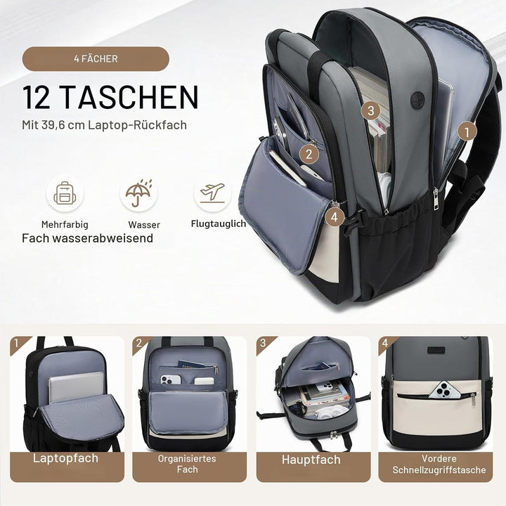 KONO Rucksack Damen 15,6 Zoll Laptop Rucksack, Geräumiger Wasserabweisender Schulrucksack mit Flasch