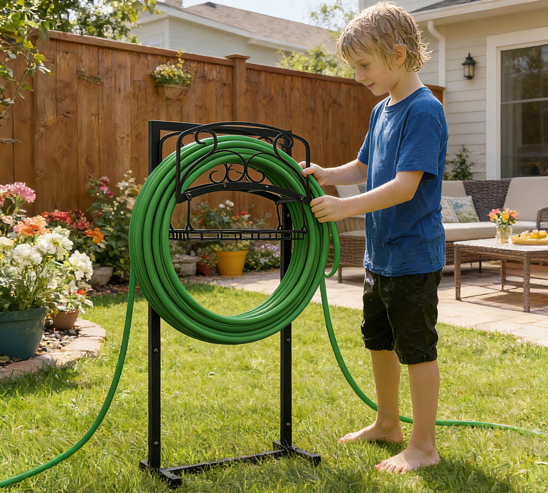 Kingson tragbare Gartenschlauchhalter mit Korb, robust, freistehender Stahlständer, hält 45 m Schlau