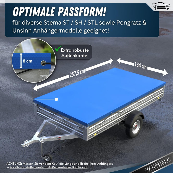 Tarpofix® Anhängerplane Flachplane 257,5 x 134,5 cm + 3X Planenbügel (verstellbar 100-145 cm) - rand