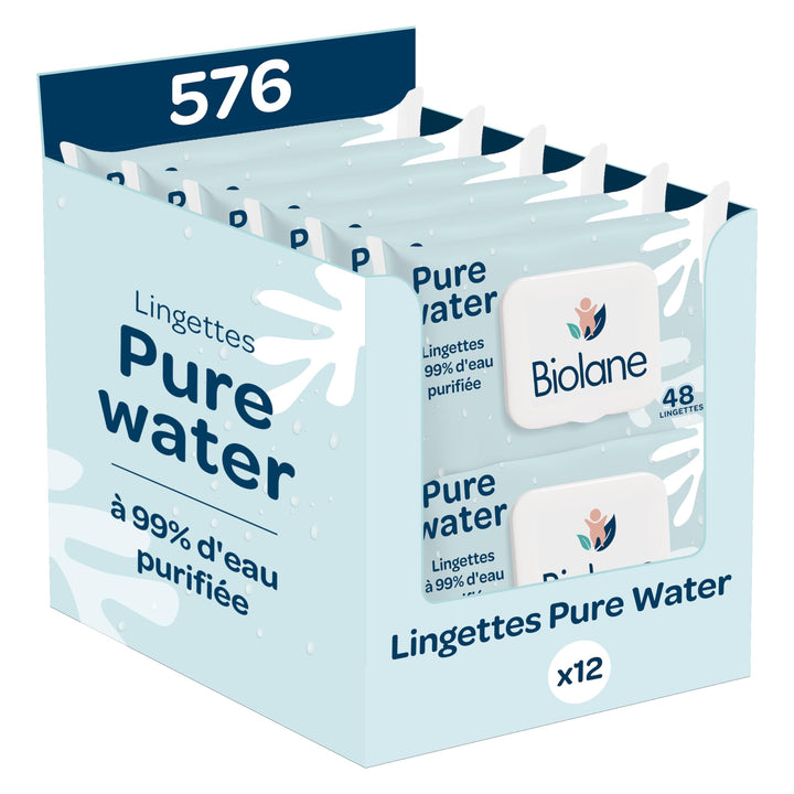 BIOLANE - Baby-Feuchttücher mit 99,9% Wasser - Pure Water - Packung mit 12 x 48 (576 Feuchttücher) -