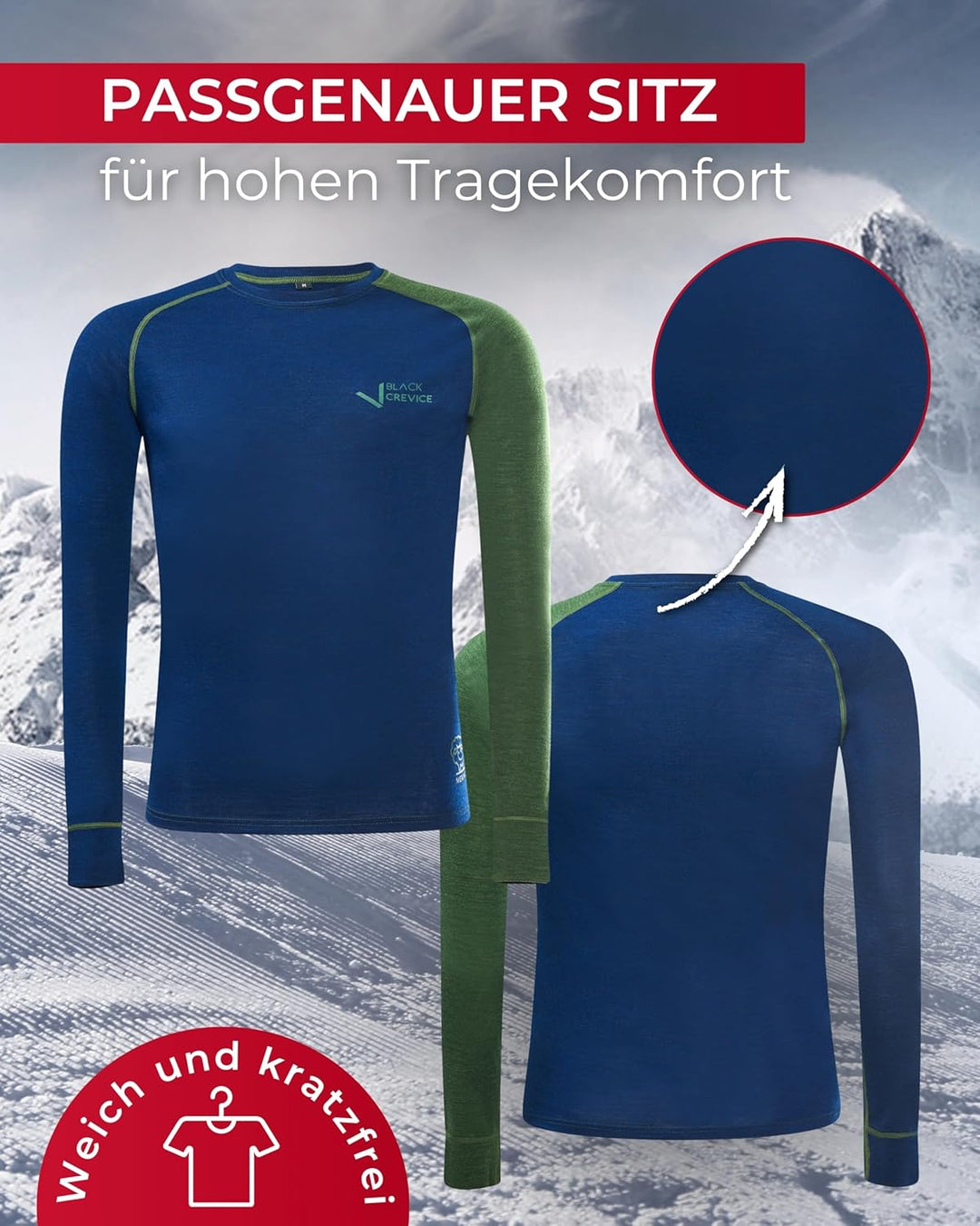 Black Crevice Herren Langarmshirt aus Merino Wolle L Steel Blue/Forest Green, L Steel Blue/Forest Gr