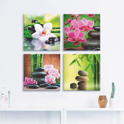 ARTLAND Leinwandbilder auf Holz Wandbild Bild Set 4 teilig je 40x40 cm Quadratisch Wellness Zen Stei