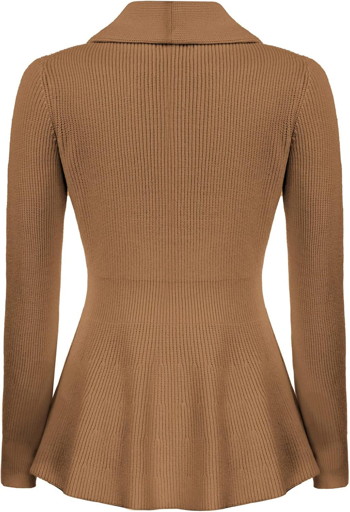 Belle Poque Damen Strickjacke Langarm Reverskragen Cardigan mit Rüschensaum Casual Strickmantel M Br
