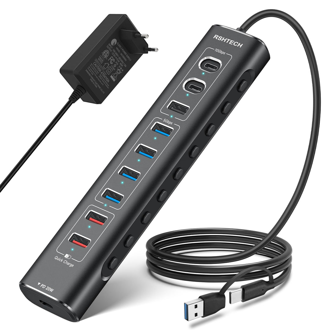 RSHTECH Aluminum 10-Port USB C 3.0/3.2 Hub Aktiv mit Netzteil, 3 * 10Gbps USB 3.2 (2*Typ-C, 1*Typ-A)