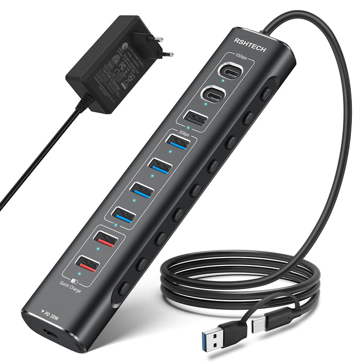 RSHTECH Aluminum 10-Port USB C 3.0/3.2 Hub Aktiv mit Netzteil, 3 * 10Gbps USB 3.2 (2*Typ-C, 1*Typ-A)