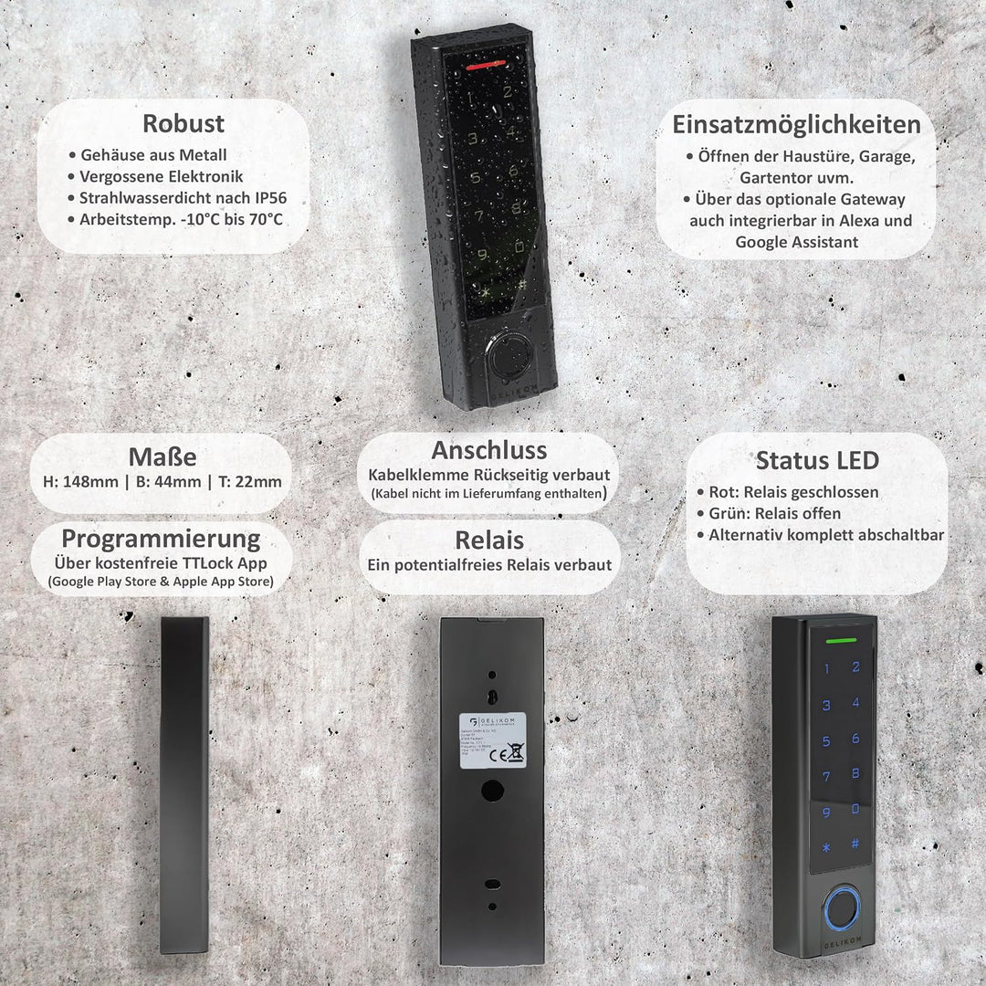 Smart Home Codeschloss mit Fingerprint, RFID und PIN, verwaltbar mit APP, Schwarz (Codeschloss + Gat