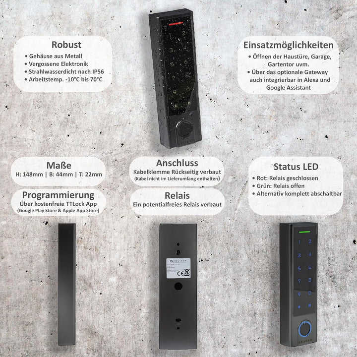 Smart Home Codeschloss mit Fingerprint, RFID und PIN, verwaltbar mit APP, Schwarz (Codeschloss + Gat