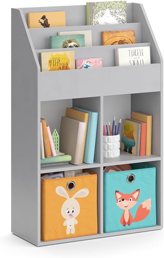 Vicco Kinderregal Grau Luigi mit 2 Faltboxen - 72x114x31 cm aus Spanplatte - Bücherregal ideal fürs