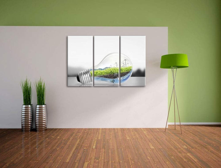 Pixxprint grüne Energie in Glühbirne als Leinwandbild | Grösse: 3 Teilig (120x80) | Wandbild| Kunstd