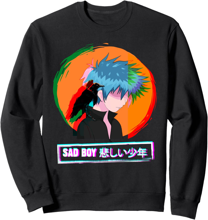 Sad Anime Boy Japanisch Vaporwave Kanji Rabe Black Krähe Sweatshirt