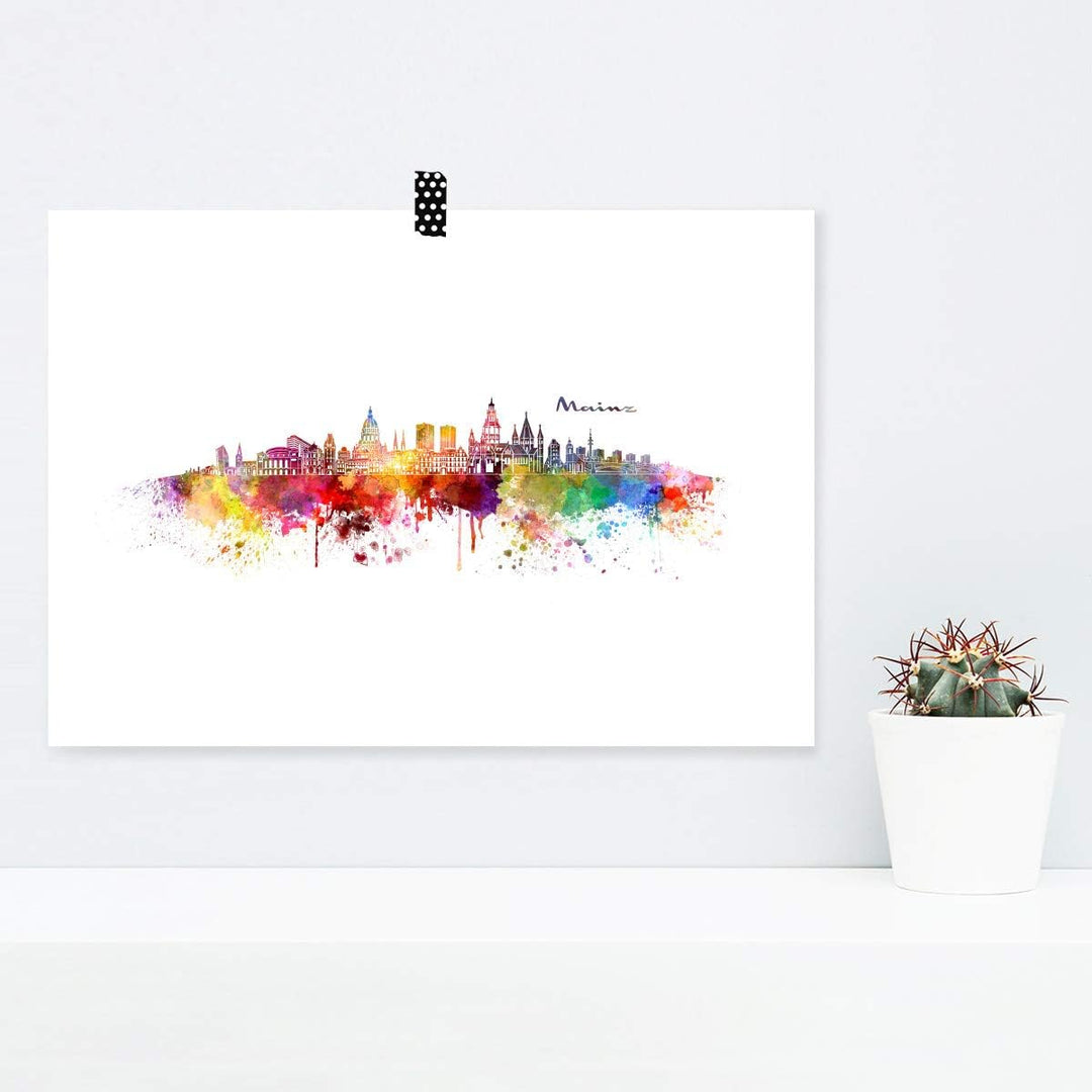 JUNIWORDS Poster mit/ohne Holzrahmen, Wähle ein Motiv, Aquarell Skyline Mainz, Wähle eine Grösse, 60