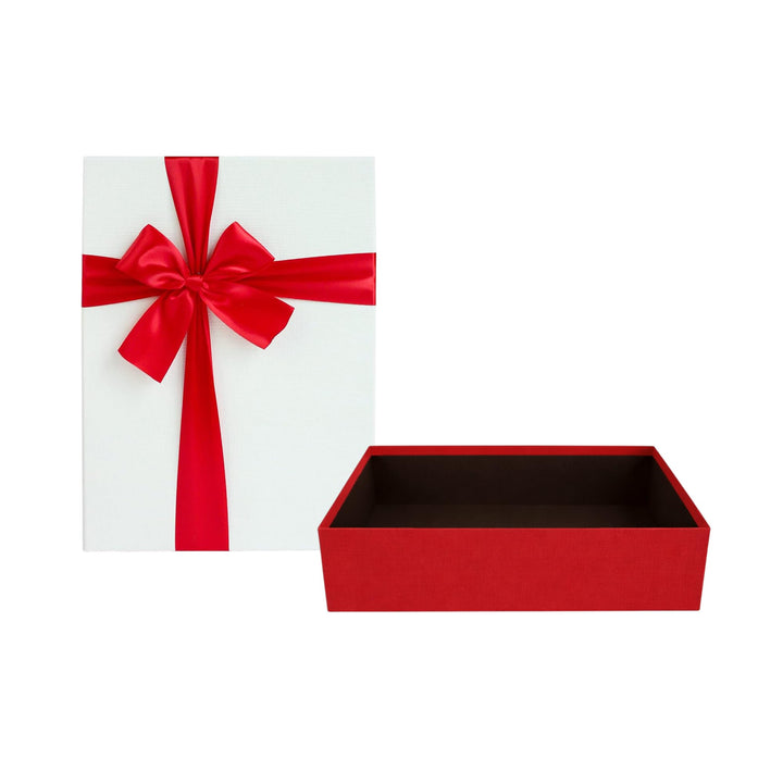 Emartbuy Starre Geschenkbox, 38 x 27 x 10 cm, strukturierte rote Box mit weissem Deckel, braune Inne
