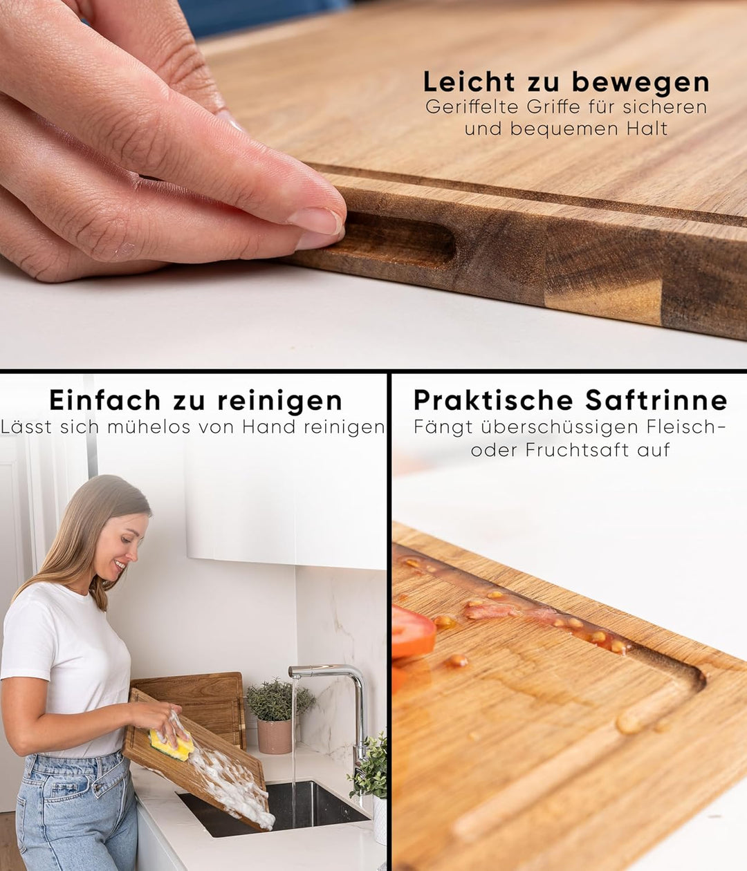 Deco haus Schneidebrett Holz 3er Set aus Robustem Akazie [2cm DICKE] - Schneidebretter mit Saftrille