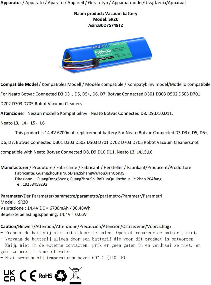 Palogreen 6700mAh Ersatzakku für Neato Botvac Connected D3 D5 D7 D3+ D5+ D6 D301 D303 D502 D701 D702