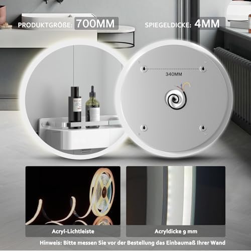 Habison Runder LED Badezimmerspiegel 70cm Bad Wandspiegel Acrylrahmen Lichtkreis Warmweiss/Kaltweiss