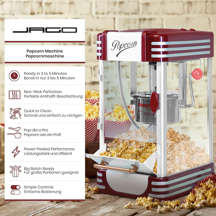 Jago® Popcornmaschine Retro - 60L/h, 200g/10min, Edelstahl Topf, für salziges Popcorn - 50er Jahre L