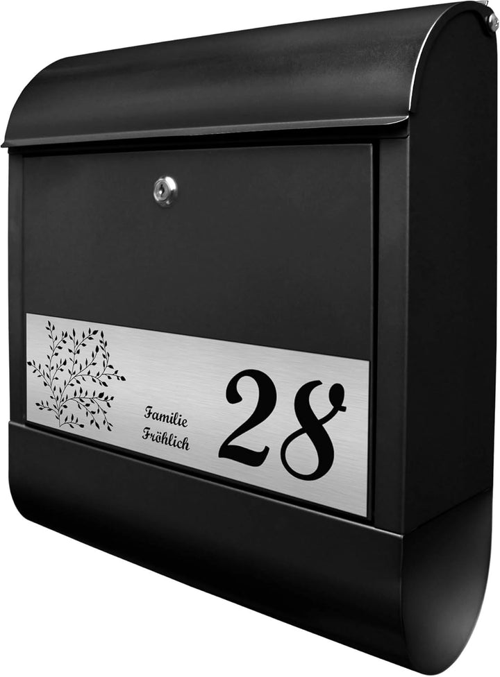 banjado® Briefkasten personalisiert mit graviertem Namensschild in Silber/Briefkasten schwarz 39x47x