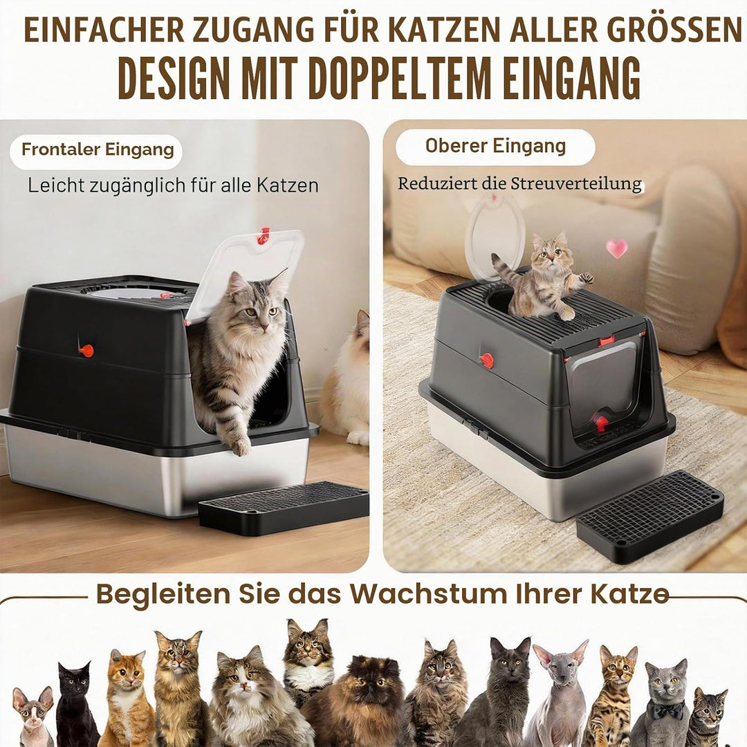 Edelstahl Katzenklo XXL aus V2A – 62 cm Geschlossene Katzentoilette mit 160° Klappdeckel, 3-in-1 Des
