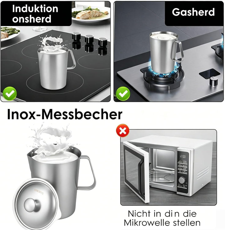 Messbecher Edelstahl 2000ml mit Feinskala Griff Milchkännchen Edelstahl mit Anti-Tropf-Ausguss BPA-f