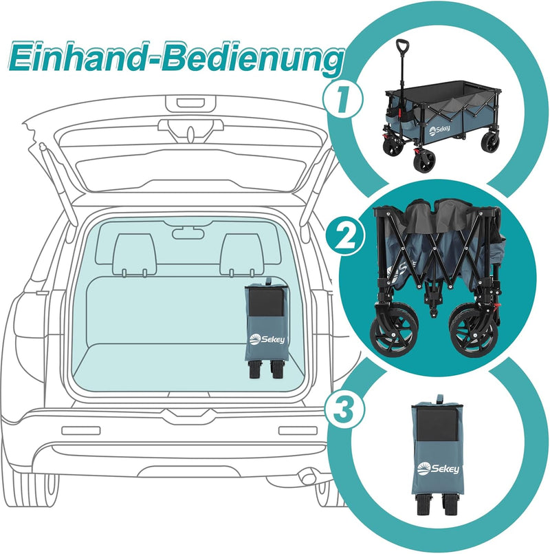 Sekey XXL Bollerwagen Faltbar mit Erweiterbarer Heckklappe 135L & 200L, Faltbarer Bollerwagen Klappb